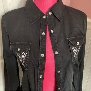 Black Denim Cowgirl Button Down with Pearl Buttons, Pink/White Embroidery